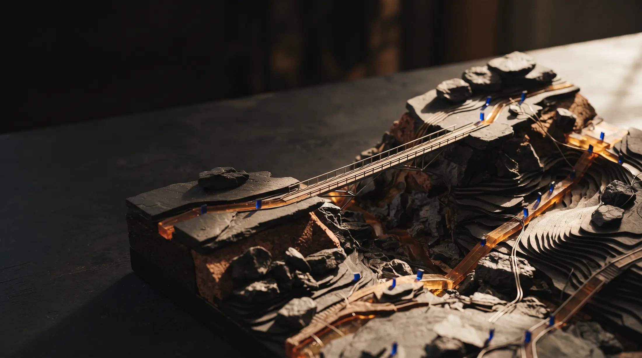 A hand-built landscape of stone, amber routes and a bridge representing connected software systems