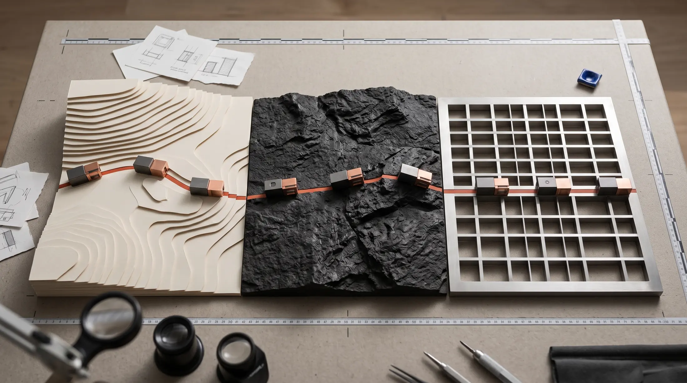 A physical model showing portable modules crossing paper, stone and grid terrains